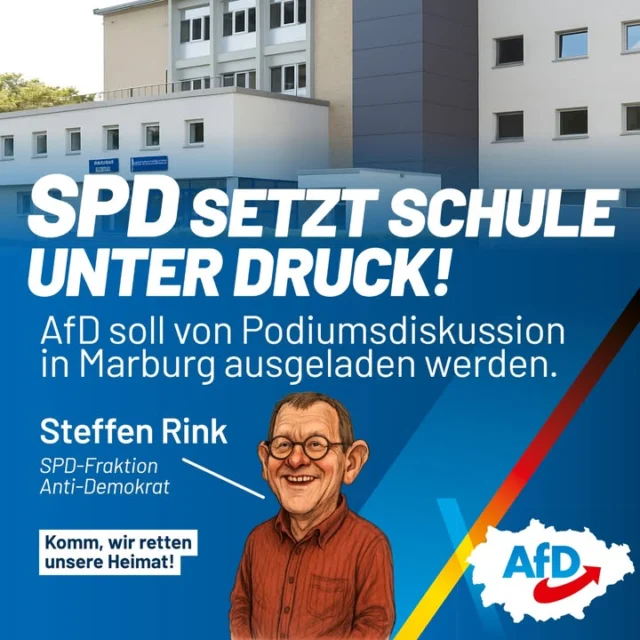 SPD setzt Schule unter Druck!

AfD soll von Podiumsdiskussion wieder ausgeladen werden.

Das ist passiert:
Wie in vergangenen Wahlkämpfen auch, veranstaltet die Adolf Reichwein Schule Marburg im Rahmen des anstehenden Kommunalwahlkampfes eine Diskussionsveranstaltung, zu der alle Parteien eingeladen sind. 

Der Marburger SPD Stadtfraktion, in Person ihr Vorsitzender Steffen Rink, passt es aber überhaupt nicht, dass auch die AfD zu dieser Veranstaltung eingeladen ist. Offensichtlich fürchtet man die inhaltliche Debatte mit uns.

Also fordert Rink die Schule in einer nächtlichen Email sehr deutlich auf, sich doch noch mal gut zu überlegen, ob man die AfD wirklich einladen wolle.

Dazu muss man wissen: Die SPD regiert in Marburg, und ist damit auch für den Betrieb der Schulen zuständig ist.

Was die SPD-Fraktion hier betreibt, ist ein politischer Eingriff von kaum fassbarer Dreistigkeit.

Die Botschaft ist eindeutig:
Die SPD versucht, eine öffentliche Schule politisch zu beeinflussen, einzuschüchtern und unliebsame Stimmen aus einem Bildungsformat zu entfernen.

Das ist kein demokratischer Wettbewerb – das ist der Versuch, staatliche Bildung für parteipolitische Zwecke zu instrumentalisieren. Und das ausgerechnet von einer Partei, die ständig von „Demokratie“ spricht.

Die SPD-Fraktion bildet sich ein, darüber zu bestimmen, welche politischen Positionen Schülerinnen und Schüler hören dürfen. 

Das ist anmaßend, undemokratisch und ein klarer Missbrauch politischer Macht. 
Wir als AfD lassen uns nicht ausschalten. Wir lassen uns nicht zum Schweigen drängen.

#AfD #Marburg #SPD