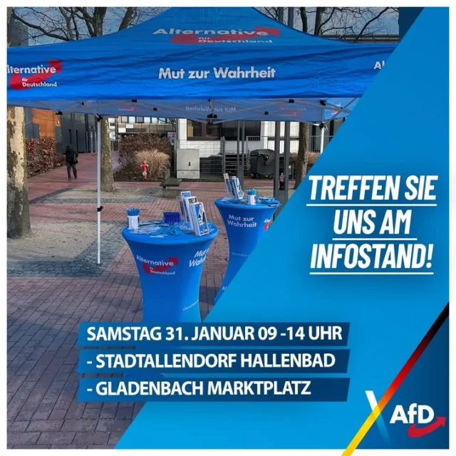 💙KOMMUNALWAHLKAMPF💙

Kommen Sie mit uns ins Gespräch❗️

Am kommenden Samstag finden Sie uns zwischen 9 und 14 Uhr an folgenden Orten:

🔹Stadtallendorf - Am Hallenbad
🔹Gladenbach - Marktplatz