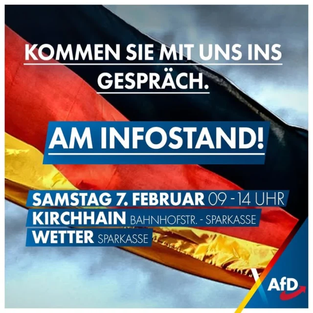Am Samstag sind wir wieder mit unseren Infoständen unterwegs💪🏻

Ihr findet uns jeweils von 09-14 Uhr in…

🔹Wetter vor der Sparkasse 
🔹Kirchhain vor der Sparkasse 

Kommt vorbei und…
❗️diskutiert mit uns
❗️lernt uns kennen
‼️nehmt euch Flyer und Werbegeschenke mit 💙