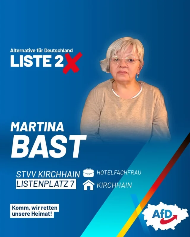 Vorstellung von Martina Bast – Unsere Kandidatin auf dem Listenplatz 7 für die Stadtverordnetenversammlung Kirchhain

Ich lebe in Kirchhain seit 1994; diese Stadt ist meine zweite Heimat geworden. Aus der sozialistischen Tschechoslowakei kommend, fühlte ich mich wie im Paradies. Alles sauber, ordentlich, nett, pünktlich, schnell. Seit Jahren nehme ich aber wahr, wie sich die Lage zum Negativen verändert. Wirtschaft, Bürokratie, Sicherheitsgefühl, Umgang mit Steuergeldern und auch, ja, das Stadtbild. Es ist nicht nur Gefühl; das bestätigt sich in Gesprächen in meinem Freundes- und Bekanntenkreis. Ich laufe mit offenen Augen durchs Leben und sehe Sachen ... Ich möchte mit meiner Stimme und meinen Ideen eine, wenn auch kleine, Verbesserung erwirken.
Ich liebe Kirchhain und seine Originale.