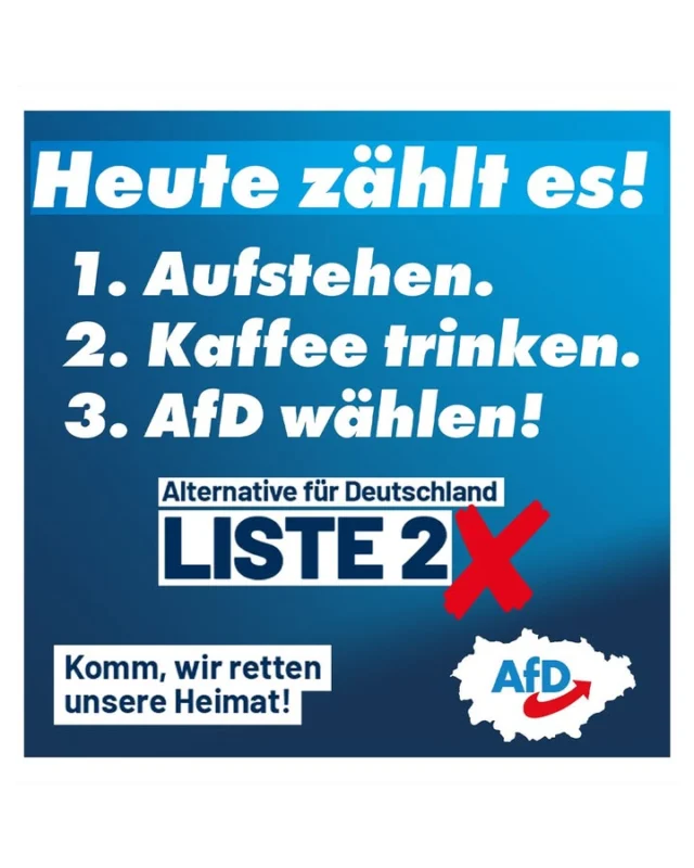 Heute zählt es! AfD wählen!

Diesen Sonntag entscheiden Sie über die politische Richtung in unserer Region. Gehen Sie wählen und setzen Sie ein klares Zeichen für Vernunft, Transparenz und echte Bürgernähe. Unsere Kandidaten stehen bereit, um im Kreistag und in den Stadtparlamenten Verantwortung für unsere Heimat zu übernehmen.

Jede Stimme zählt. Ein Kreuz bei der AfD – Liste 2 ist ein Kreuz für einen echten Kurswechsel in unserem Landkreis.

Gehen Sie heute bis 18:00 Uhr in Ihr Wahllokal!

Einen vollständigen Überblick über alle unsere Kandidaten finden Sie hier:
👉 afd-marburg-biedenkopf.de/kommunalwahl-2026-unsere-kandidaten

#MarburgBiedenkopf #AfD #HeimatRetten #Hessen #AfDwählen